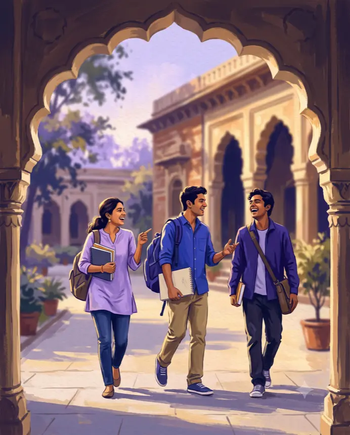 Students walking through a campus archway