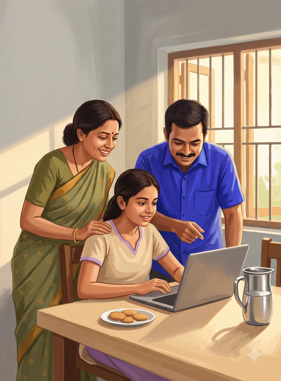 A family looking at college options on a laptop