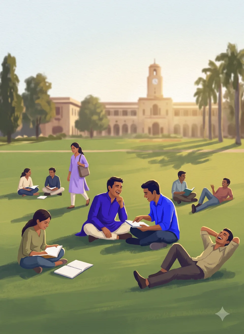 Students sitting together on a campus lawn